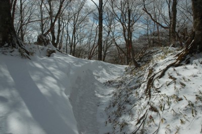 奥ワサビ谷から見た掘割。登山者は巻くように歩いています。
