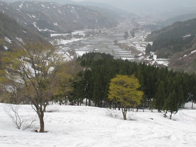 水の引かれた水田に残雪という不思議な光景～笹倉温泉～