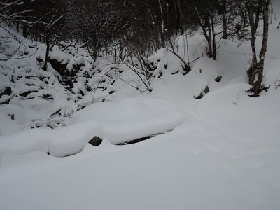 マナコ谷登山口。道路横の縁石がスッポリ雪に覆われています