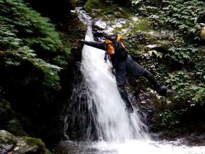 口ワサビ谷出合の滝を登るタイラさん