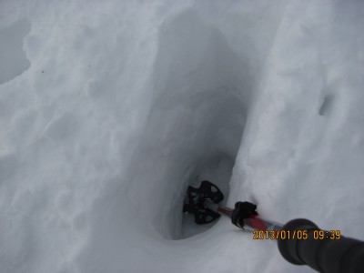 冬道の吹き溜まりで嵌った跡、長靴の丈ほどありました。