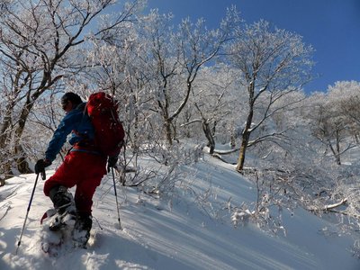樹氷きらめく下、ラッセルするわりばしさん