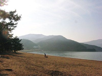 ● 気比の浜、夕日が傾いて茜色に染まるかな。<br />犬と散歩する人、絵になるよなあ～♪