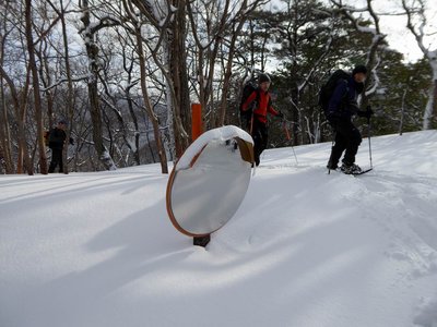 雪に埋まった林道のカーブミラー