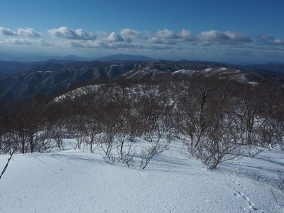 上谷山から江越国境稜線を望む<br />左手には下山予定の鉄塔尾根