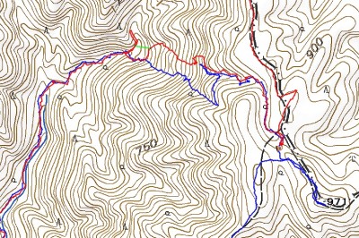青が昨年、赤が今回の軌跡。緑は想定していたライン。まさか等高線沿いに谷が流れているとは・・・