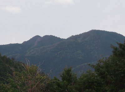 右・大人平山、左・山の間に突き出た岩嵓が蟾島<br />粉所集落から